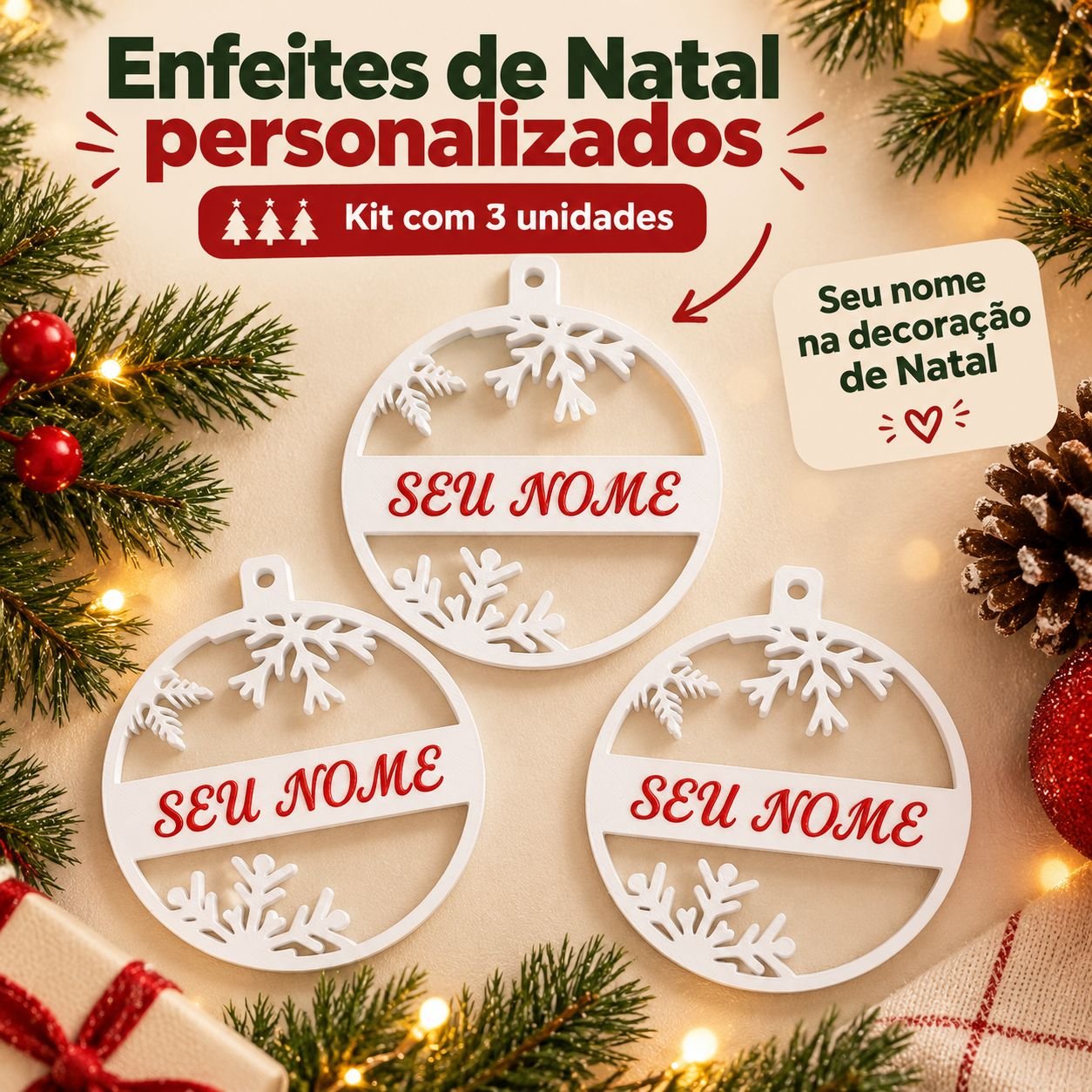 Kit com 3 Enfeites de Natal Floco de Neve