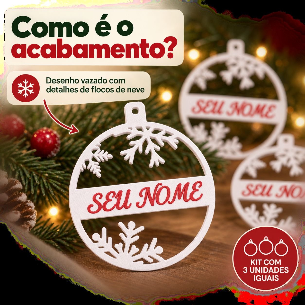 Kit com 3 Enfeites de Natal Floco de Neve - Imagem 3